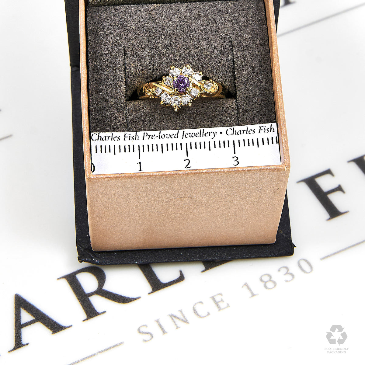 Pre-Owned 9ct Gold Purple & White CZ Cluster Ring Size M