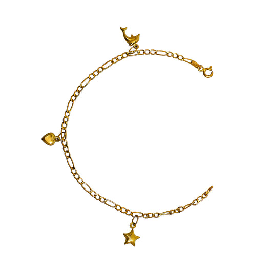 Pre-Owned 9ct Gold Figaro Chain Bracelet & Charms 7 Inch