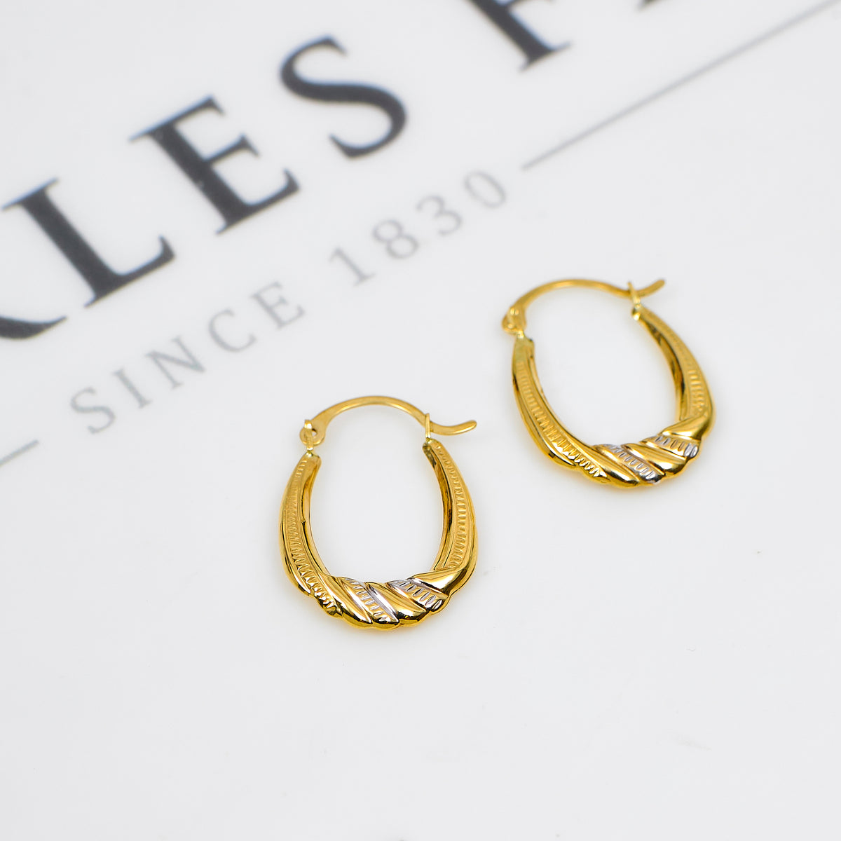 Pre-Owned 9ct 2 Tone Gold Twist Bottom Creole Hoop Earrings