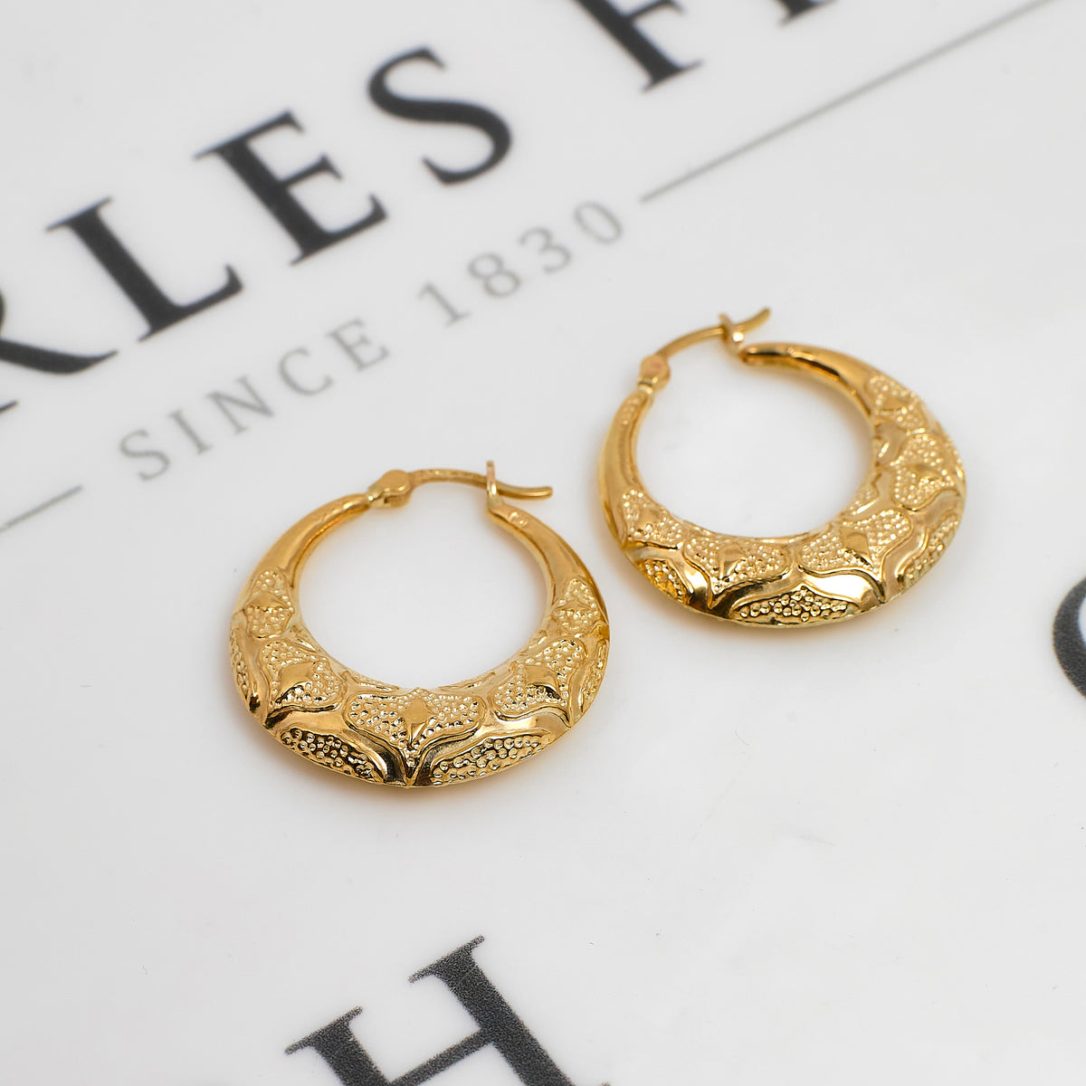 Pre-Owned 9ct Gold Bark Design Creole Hoop Earrings
