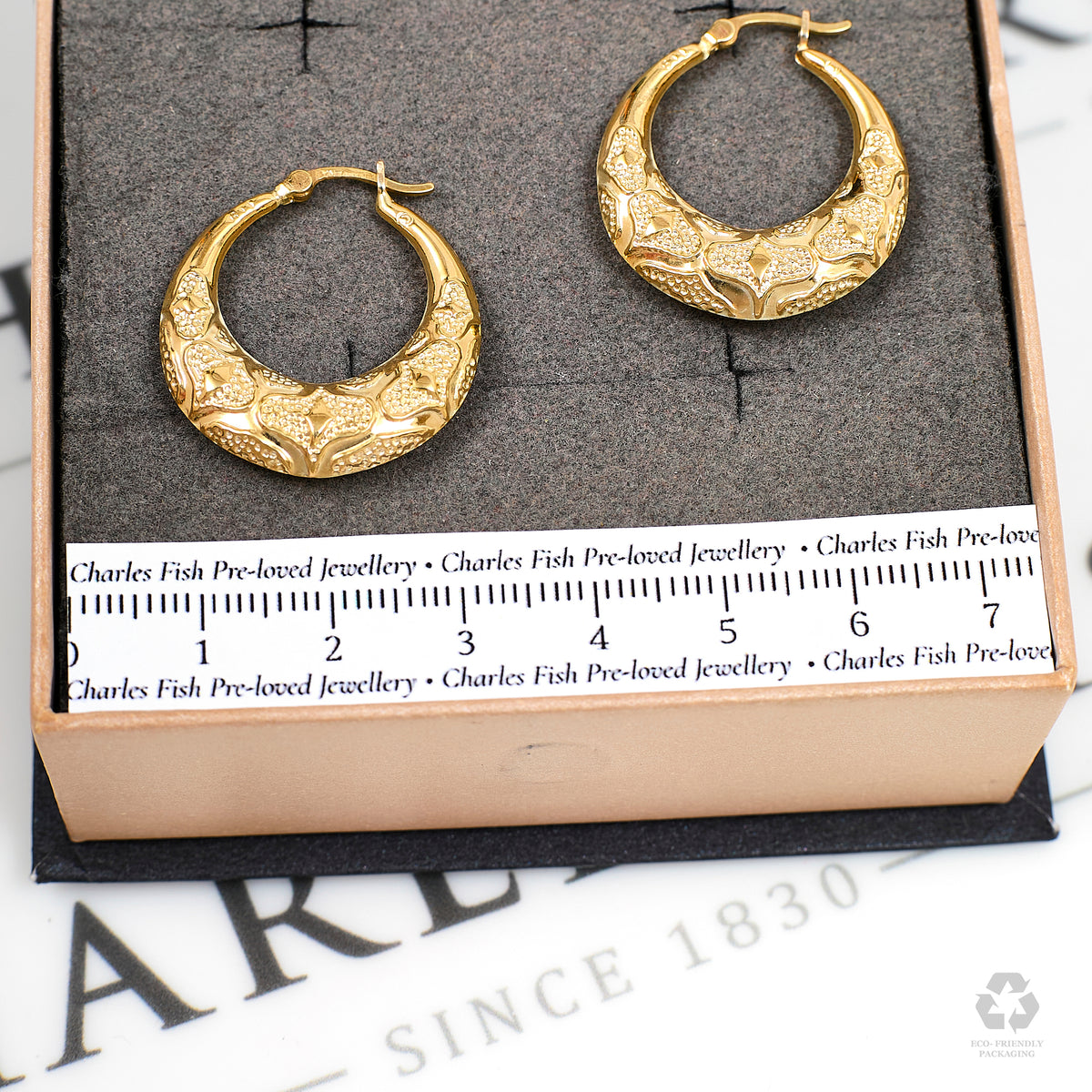 Pre-Owned 9ct Gold Bark Design Creole Hoop Earrings