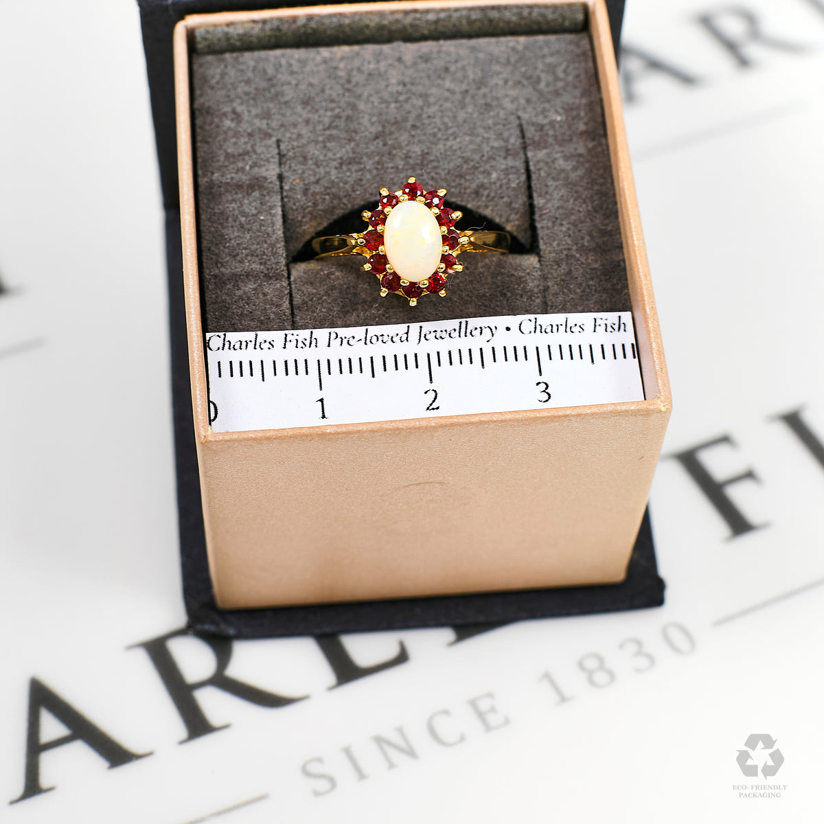 Pre-Owned 9ct Gold Oval Opal & Garnet Cluster Ring Size M