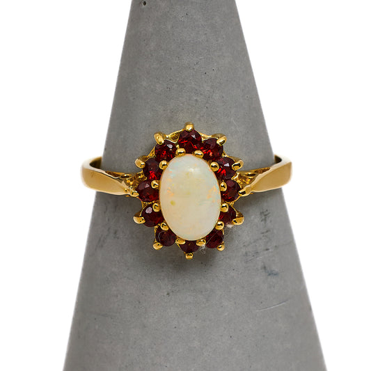 Pre-Owned 9ct Gold Oval Opal & Garnet Cluster Ring Size M