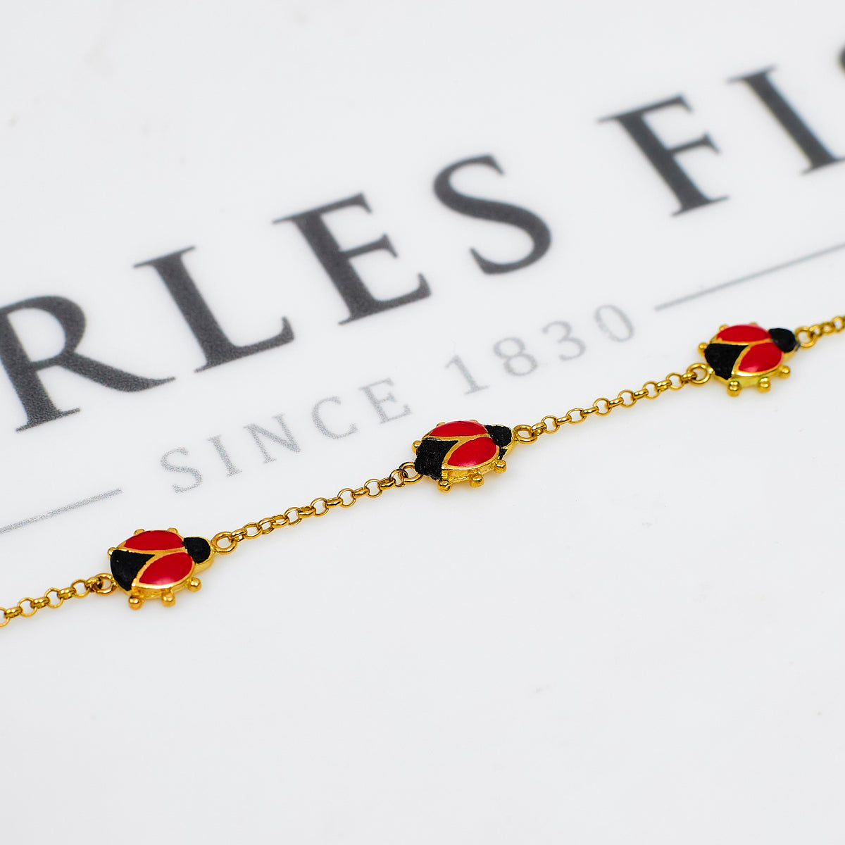 Pre-Owned 14ct Gold 3 Enamel Ladybird Bracelet 6 Inch