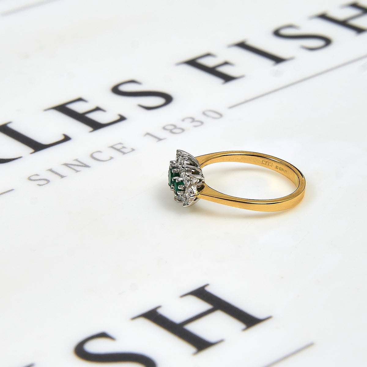 Pre-Owned 18ct Gold Emerald & Diamond Cluster Ring Size K.5