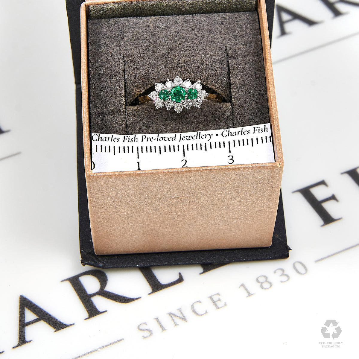 Pre-Owned 18ct Gold Emerald & Diamond Cluster Ring Size K.5