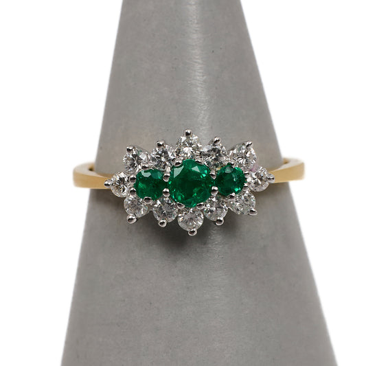 Pre-Owned 18ct Gold Emerald & Diamond Cluster Ring Size K.5