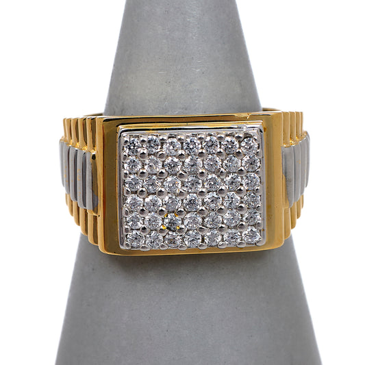 Pre-Owned 9ct Gold Mens 2 Tone Rectangle CZ Signet Ring