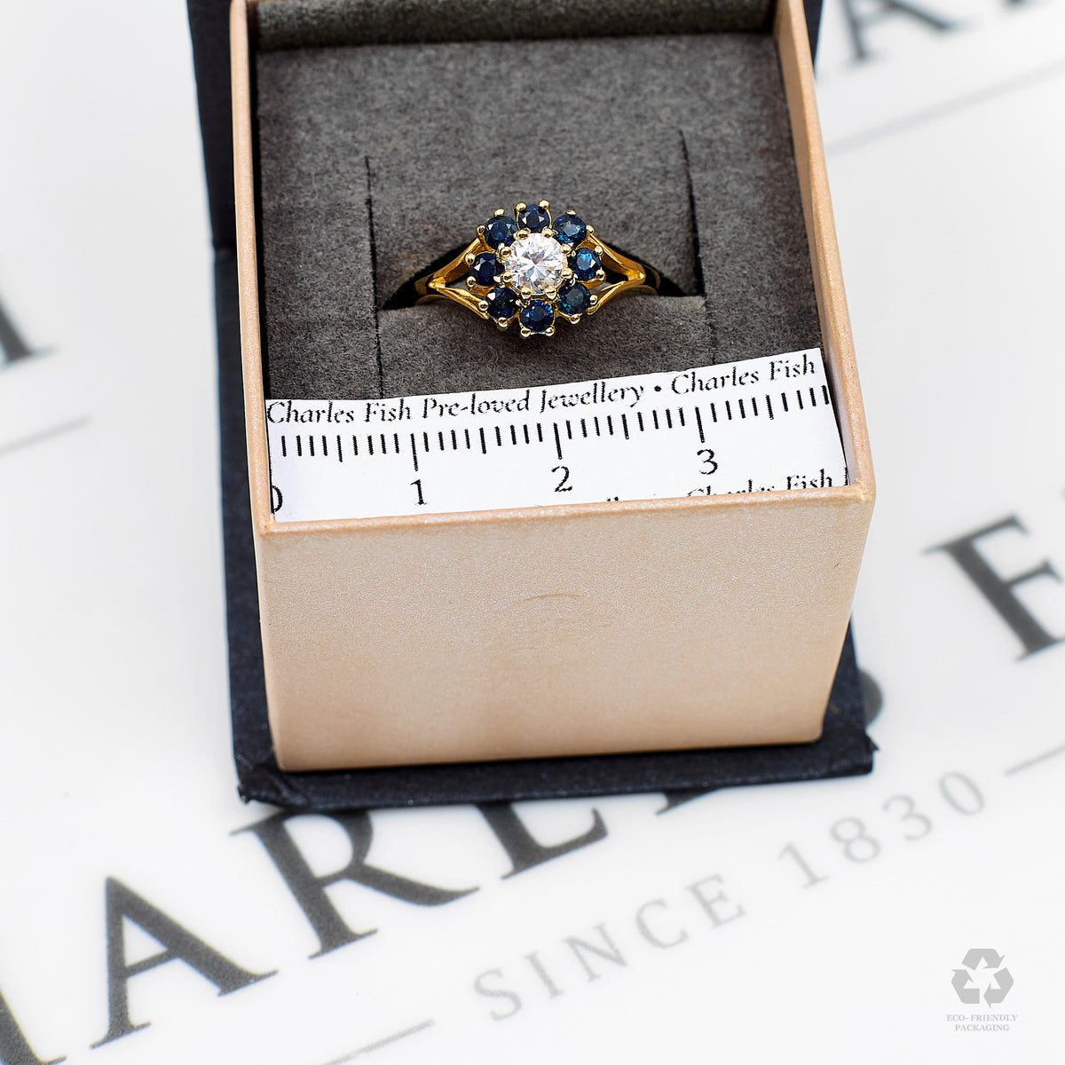 Pre-Owned 9ct Gold Sapphire & CZ Cluster Ring Size K