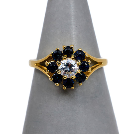 Pre-Owned 9ct Gold Sapphire & CZ Cluster Ring Size K