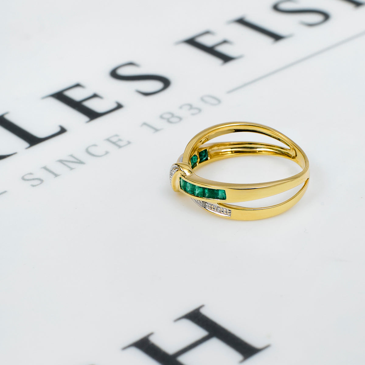 Pre-Owned 9ct Gold Emerald & Diamond Crossover Ring Size P