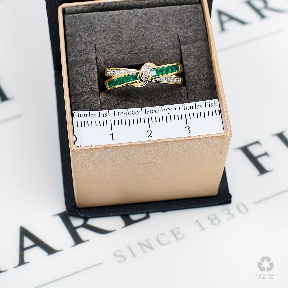 Pre-Owned 9ct Gold Emerald & Diamond Crossover Ring Size P