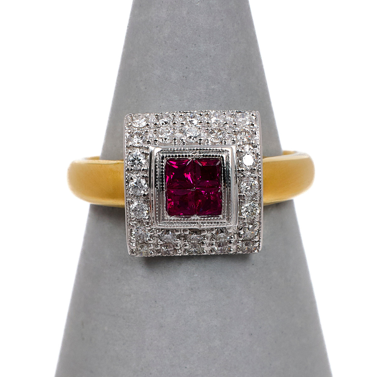 Pre-Owned 18ct 4 Square Ruby & Diamond Cluster Ring Size N