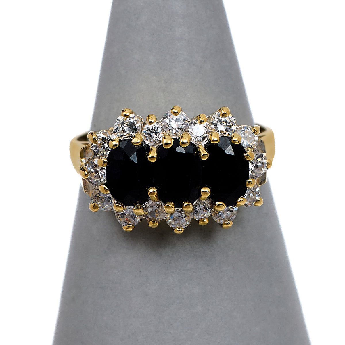 Pre-Owned 9ct Gold 3 Oval Sapphire & CZ Cluster Ring Size M