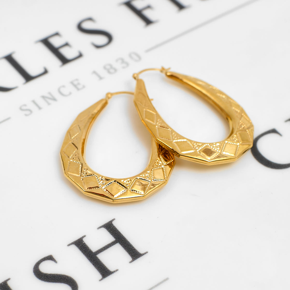 Pre-Owned 9ct Gold Rhombus Pattern Creole Earrings