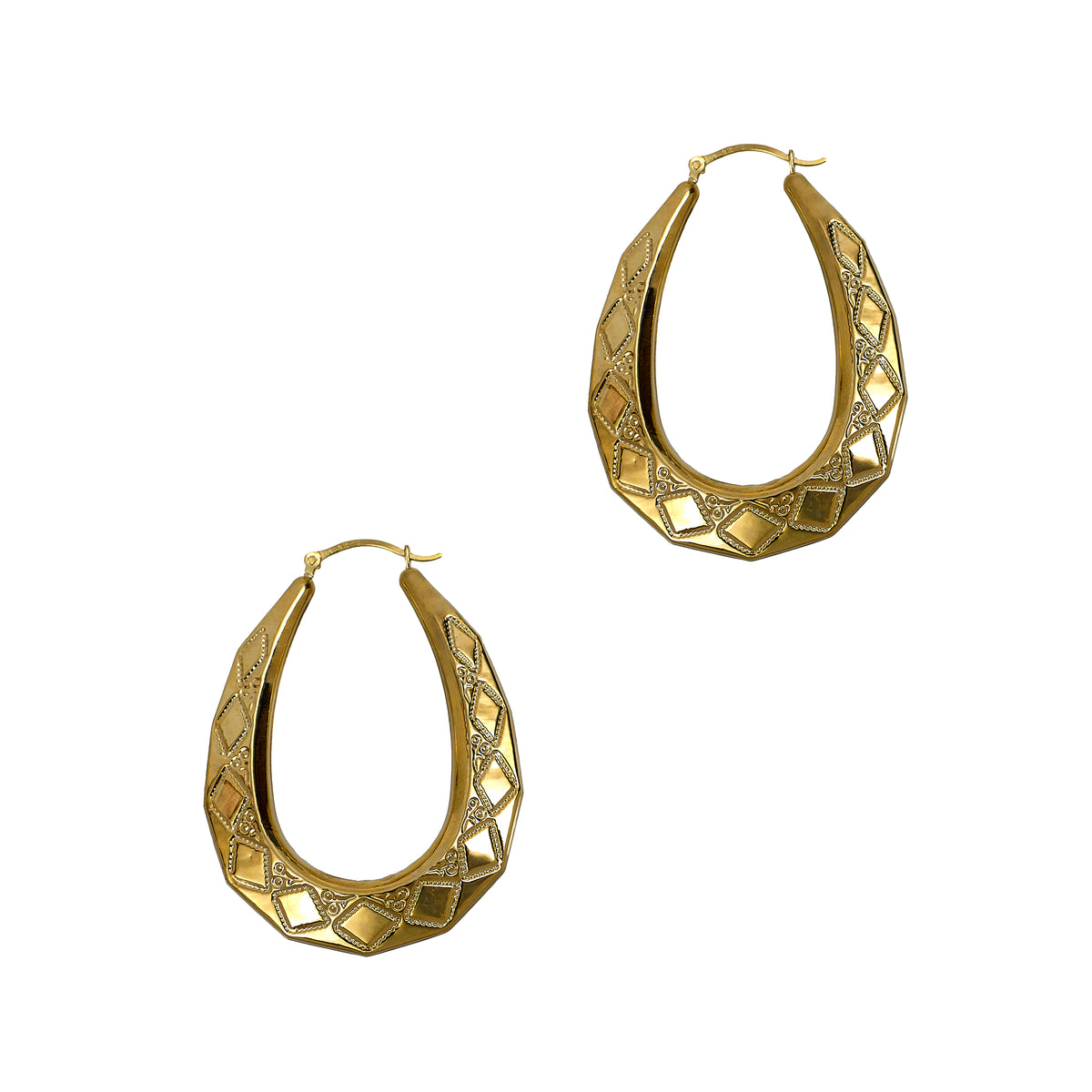 Pre-Owned 9ct Gold Rhombus Pattern Creole Earrings