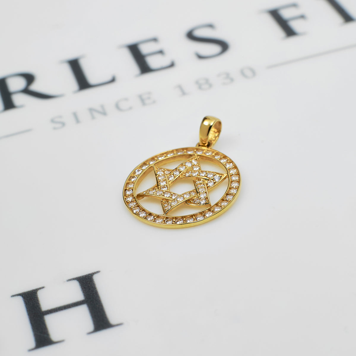 Pre-Owned 9ct Gold CZ Round Star Of David Pendant