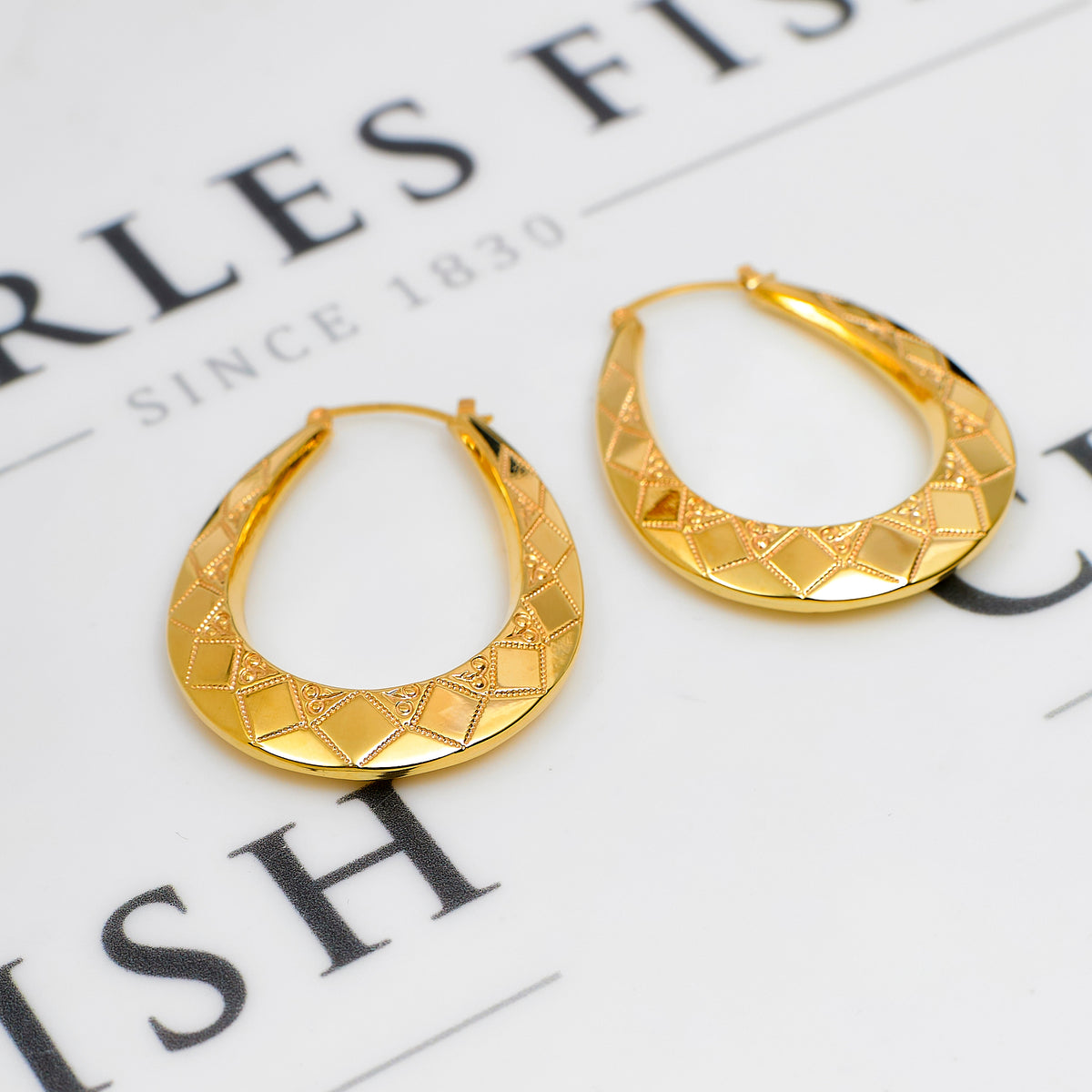 Pre-Owned 9ct Gold Oval Patterned Horseshoe Creole Earrings