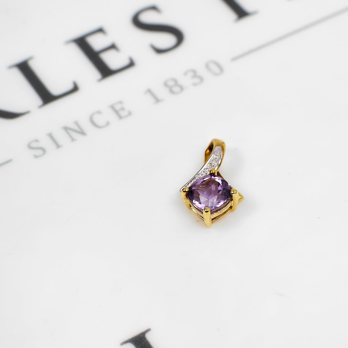 Pre-Owned 9ct Gold Rhombus Amethyst & Diamond Pendant