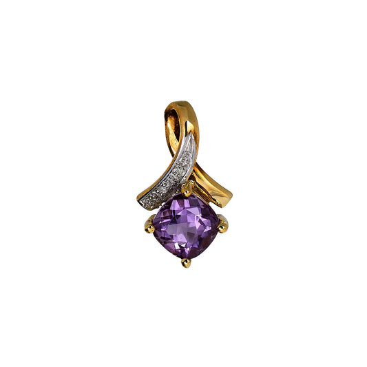 Pre-Owned 9ct Gold Rhombus Amethyst & Diamond Pendant