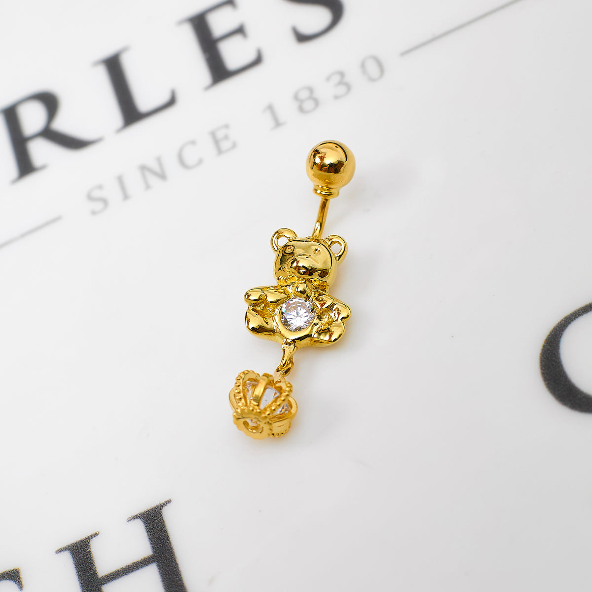Pre-Owned 9ct Gold CZ Bear & Crown Belly Bar