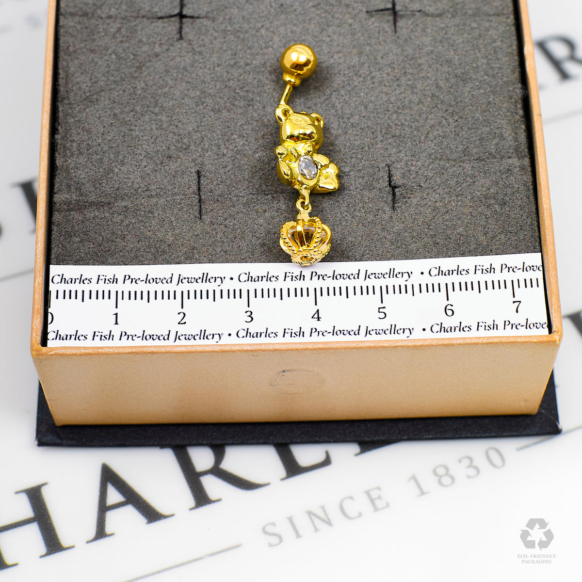 Pre-Owned 9ct Gold CZ Bear & Crown Belly Bar