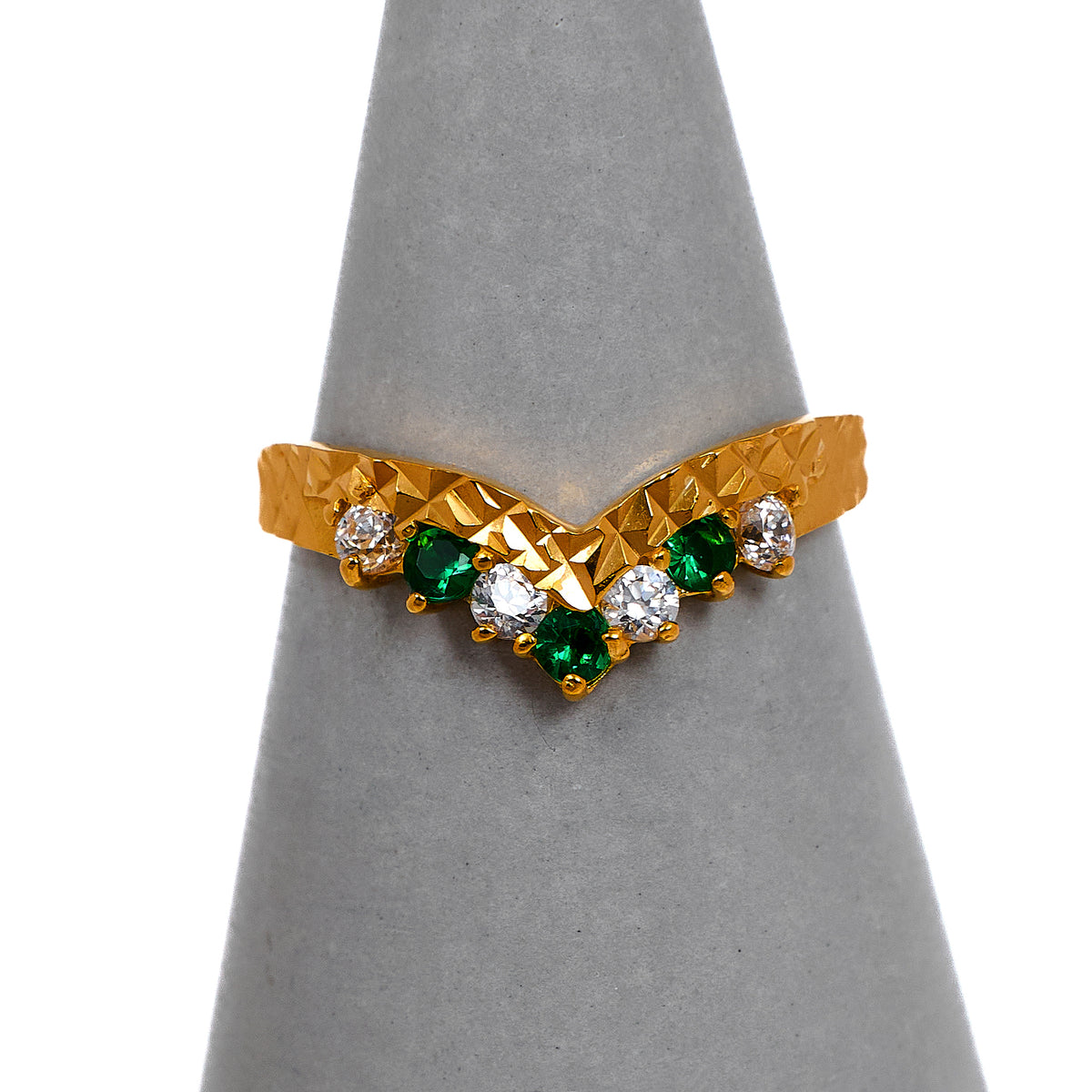 Pre-Owned 22ct Gold Green & White CZ Wishbone Ring Size L