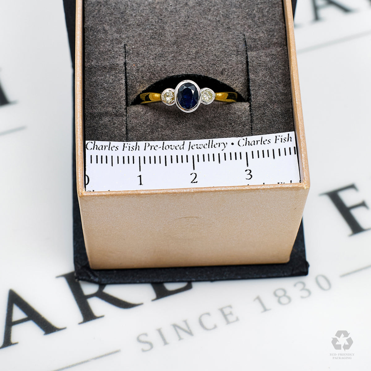 Pre-Owned 18ct Gold Oval Sapphire & 2 Diamond Ring Size K.5