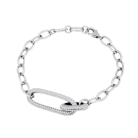 Achara Oblong Chain Style Link Zirconia Bracelet - Silver 