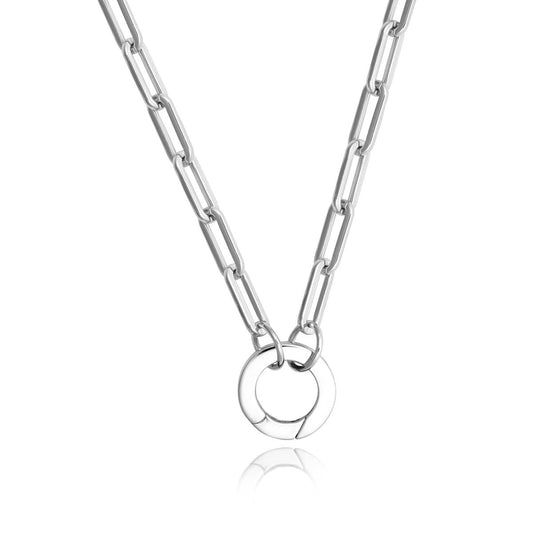 Achara Paperclip Chain Round Clasp Necklace 18Inch - Silver