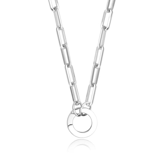 Achara Paperclip Chain Round Clasp Necklace 21Inch - Silver 