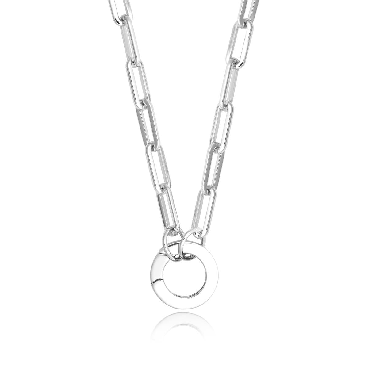 Achara Paperclip Chain Round Clasp Necklace 21Inch - Silver 