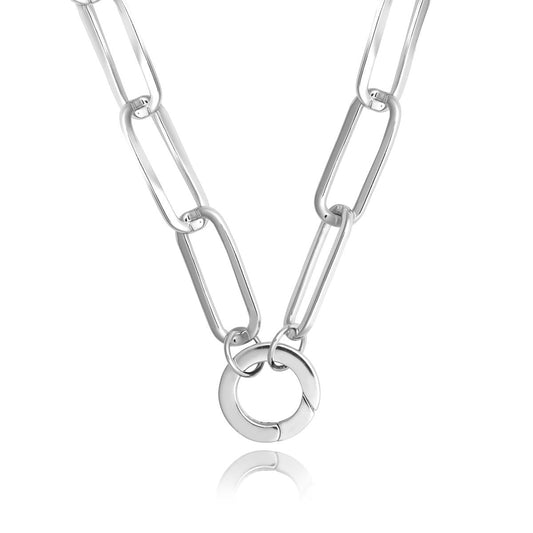 Achara Large Paperclip Chain Round Clasp Necklace 18Inch – Silver