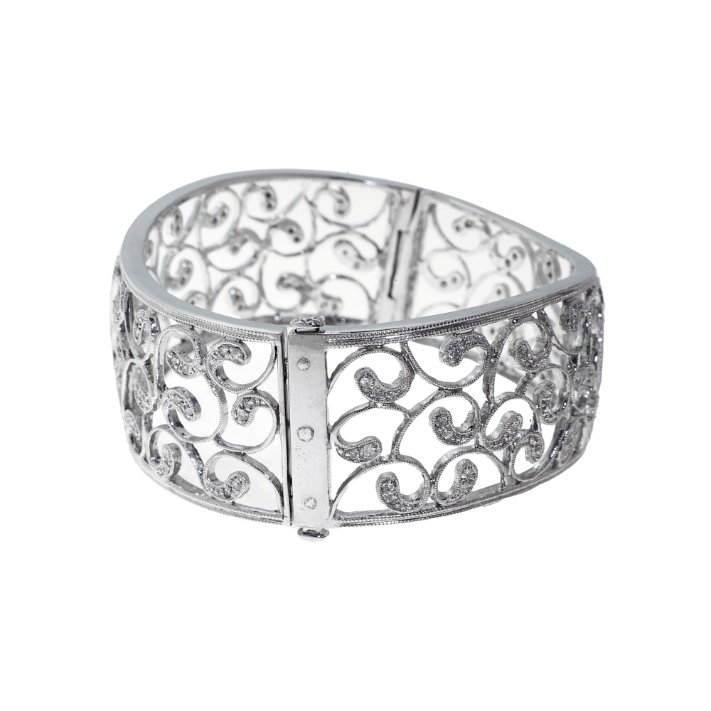 Pre-Owned 9ct White Gold Filigree Diamond Bangle