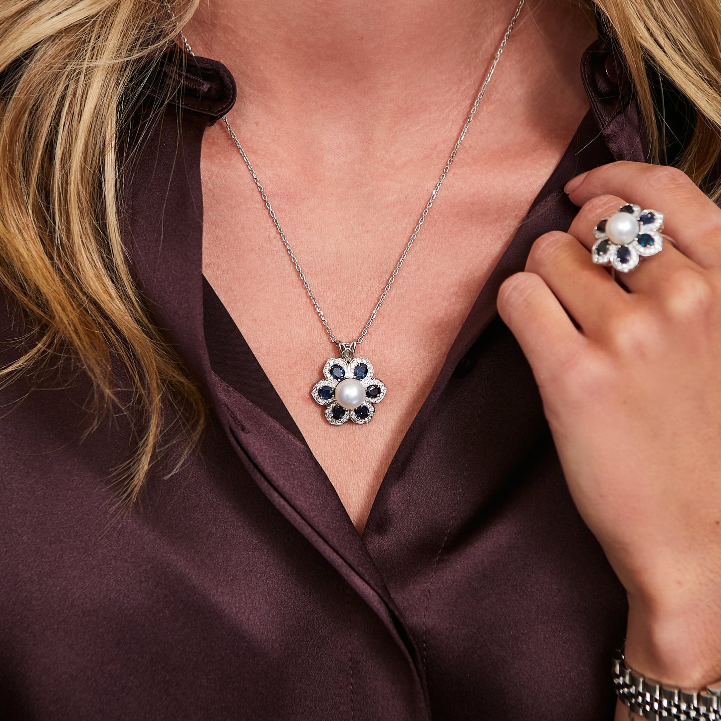 Pre-Owned 14ct White Gold Sapphire Diamond & Pearl Floral Set