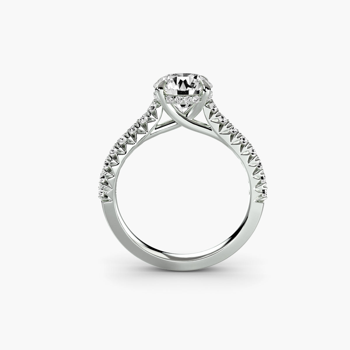 Solitaire With Hidden Halo And Pavé Cathedral Shank, front view