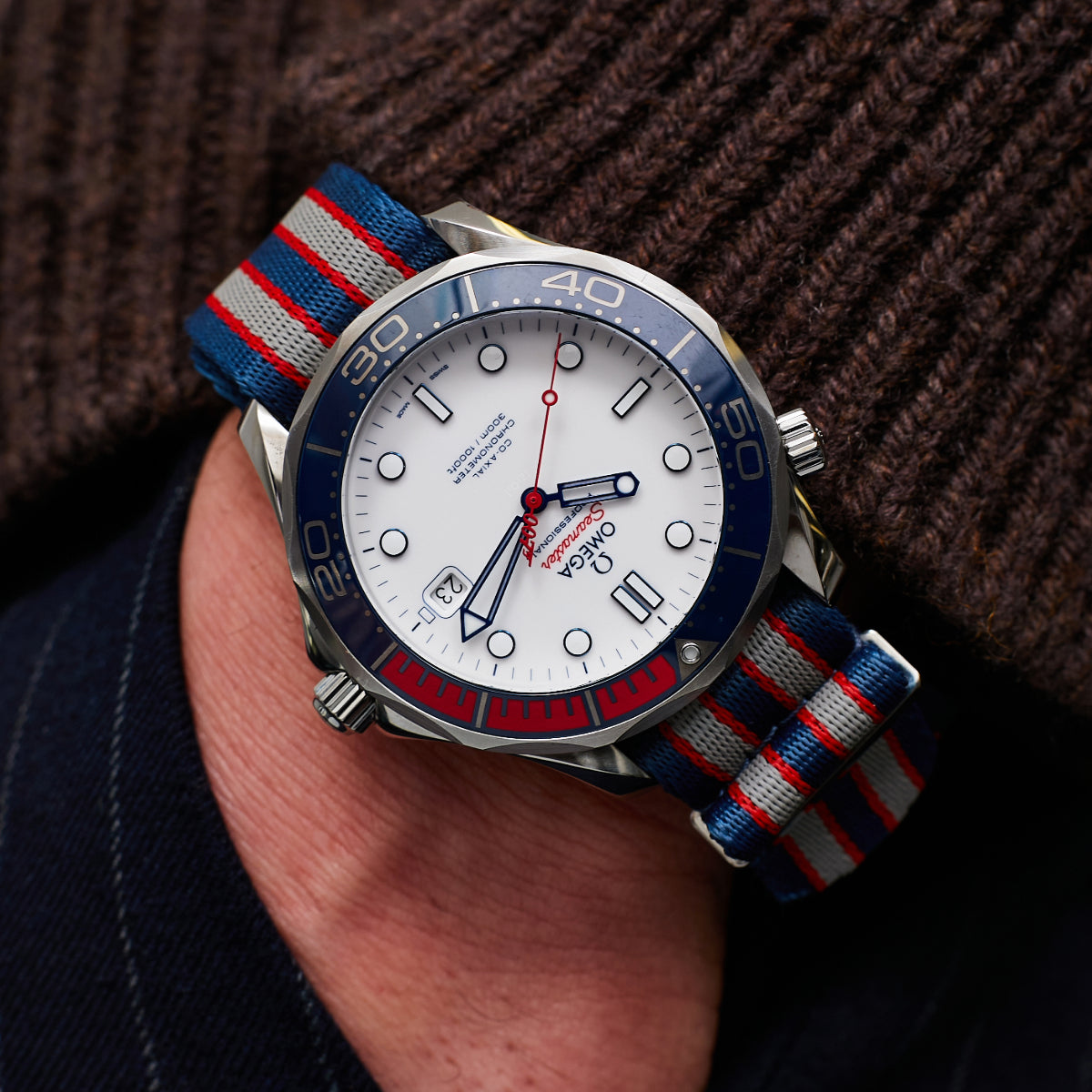 Omega Seamaster on blue and red NATO strap