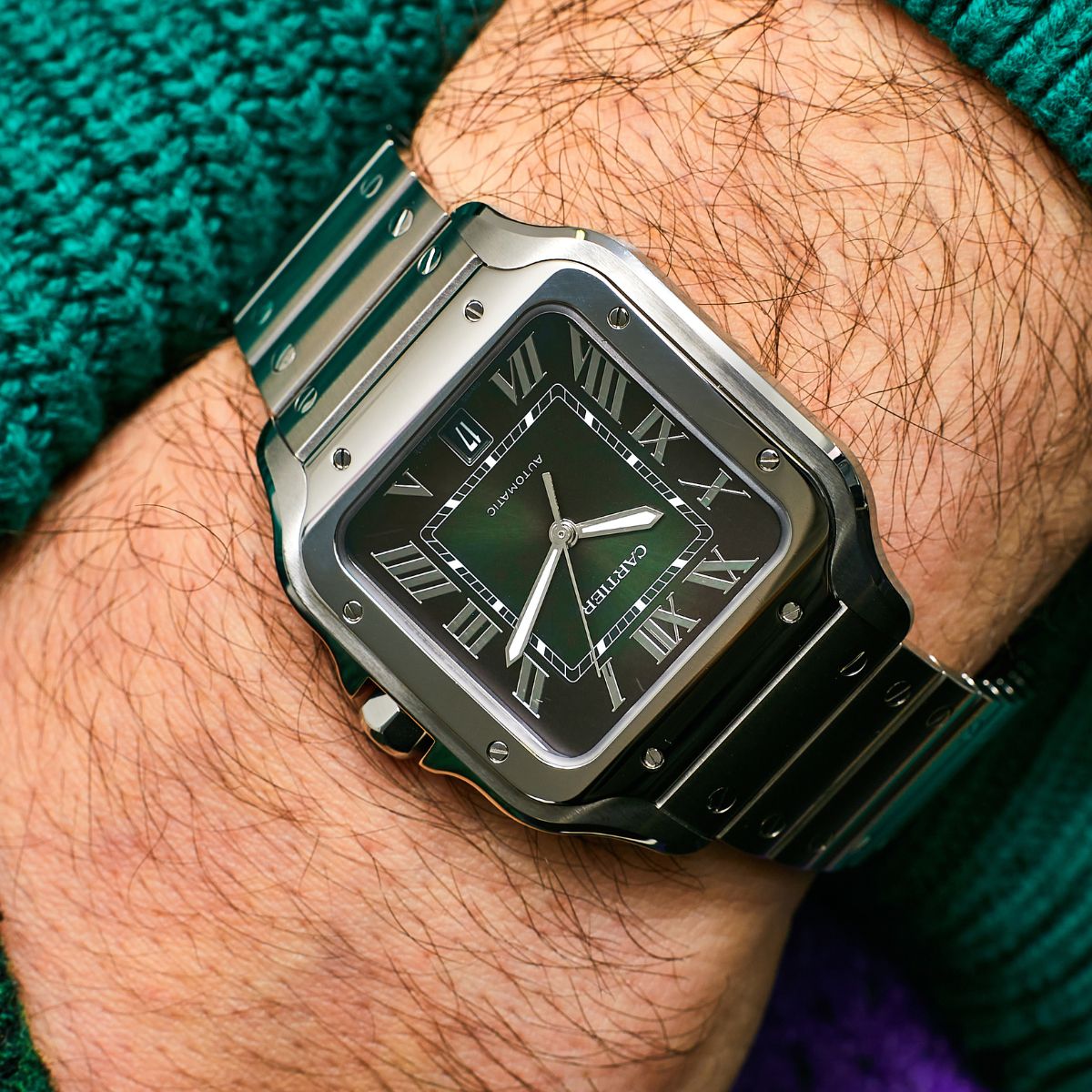 Cartier Santos de Cartier large model with green dial on steel bracelet