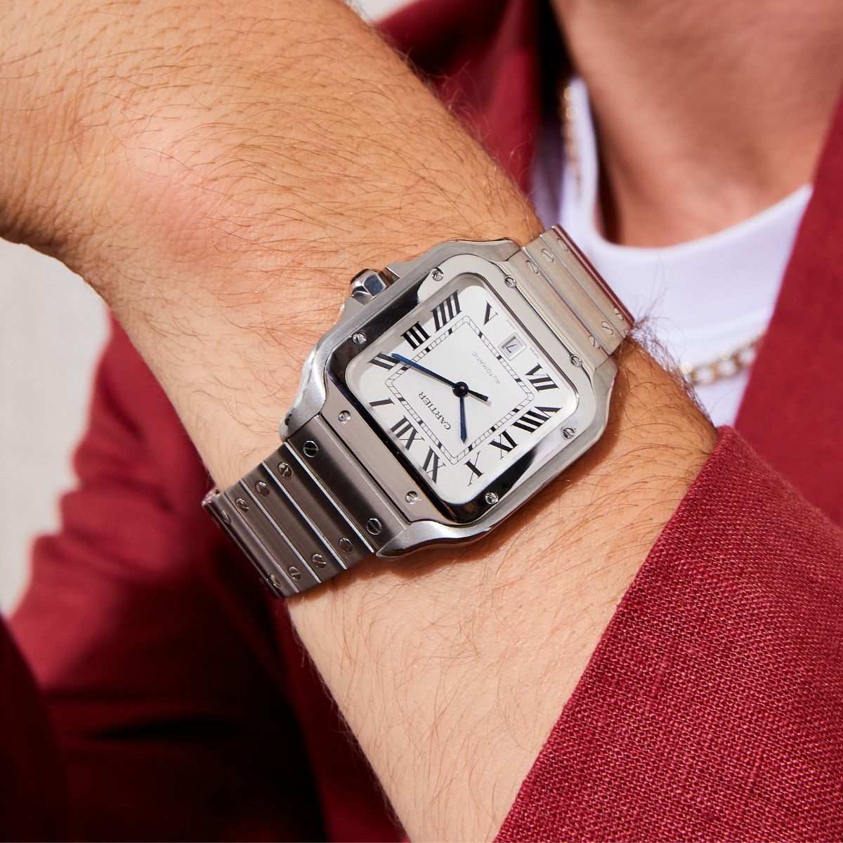 Cartier Santos de Cartier steel bracelet watch on wrist
