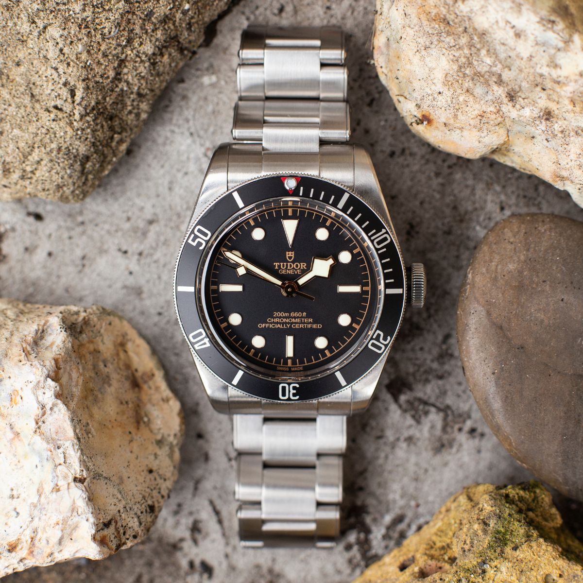 Tudor Black Bay black dial on rocks